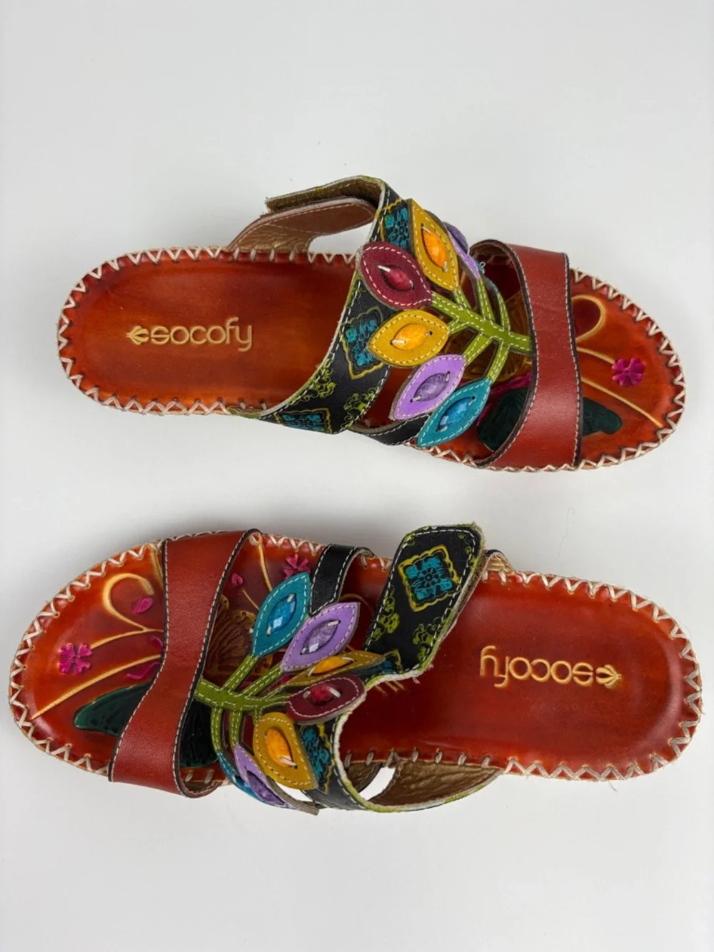 Socofy Colorful Sandals Women’s EU 39/US 8.5 Leather Leaf Cutout Style Slip On